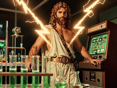 Gates of Olympus 1000 Slot mit Zeus im Retro-Labor-Stil bei CasinoLab